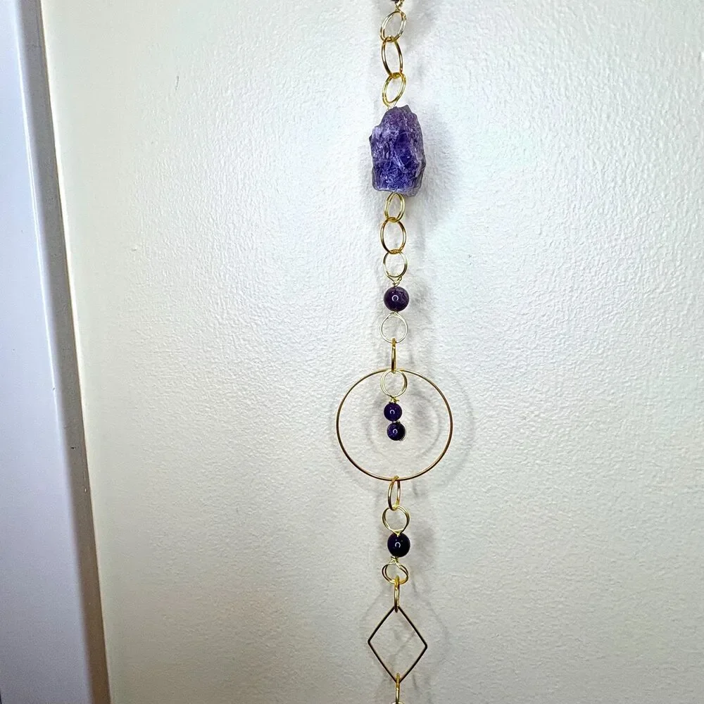 Raw Amethyst and Amethyst Bead Gemstone Wall Hanging Gold Filigree